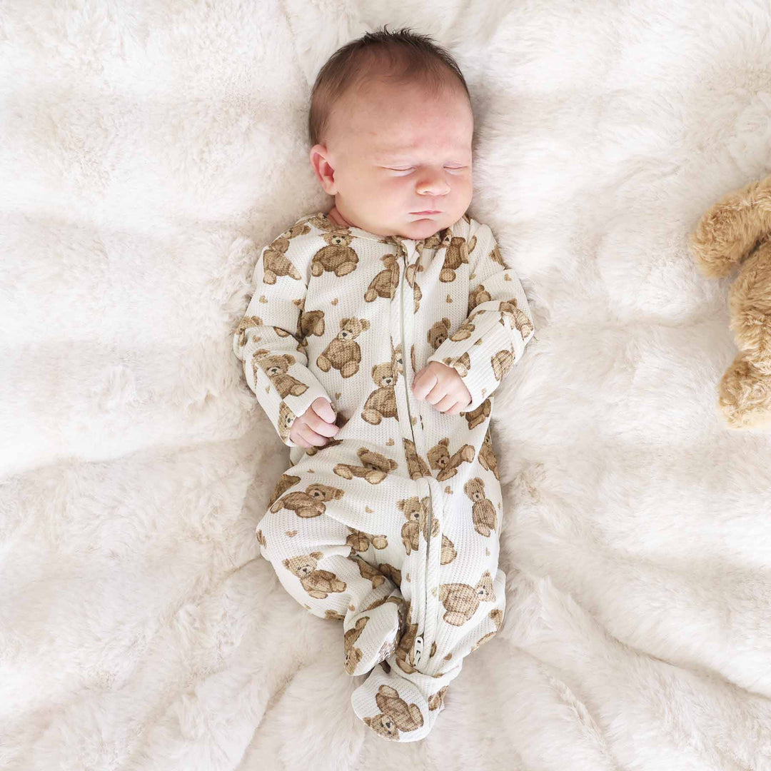 gender neutral bamboo waffle zipper footie for tan and brown 