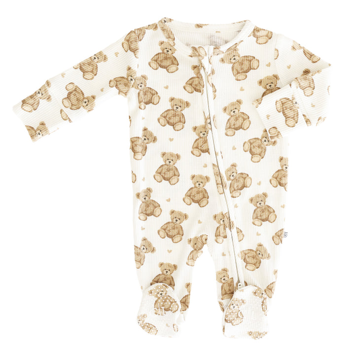beary sweet gender neutral bamboo waffle zipper footie for babies 