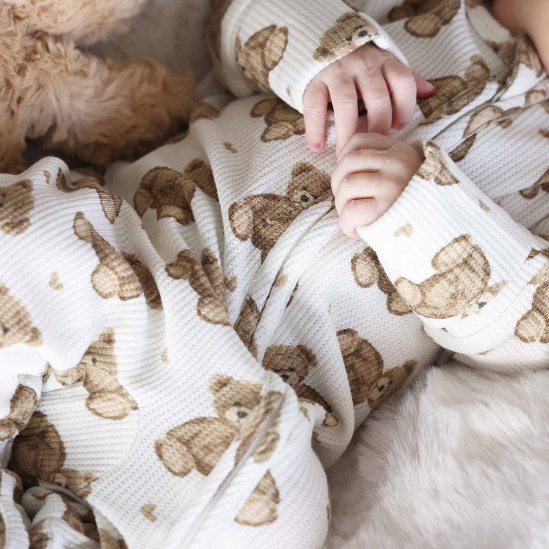beary sweet bamboo waffle zipper footie for babies and toddlers 