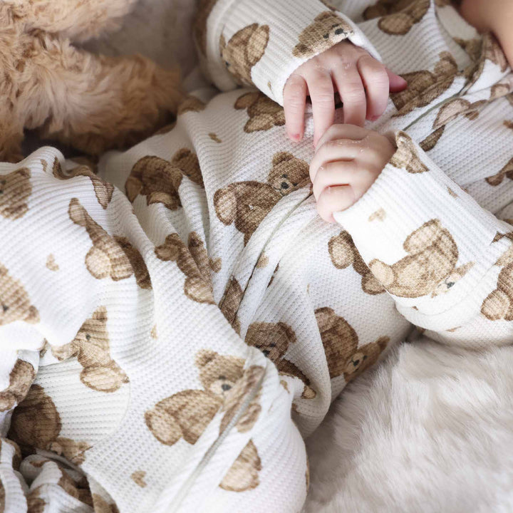 beary sweet bamboo waffle zipper footie for babies and toddlers 