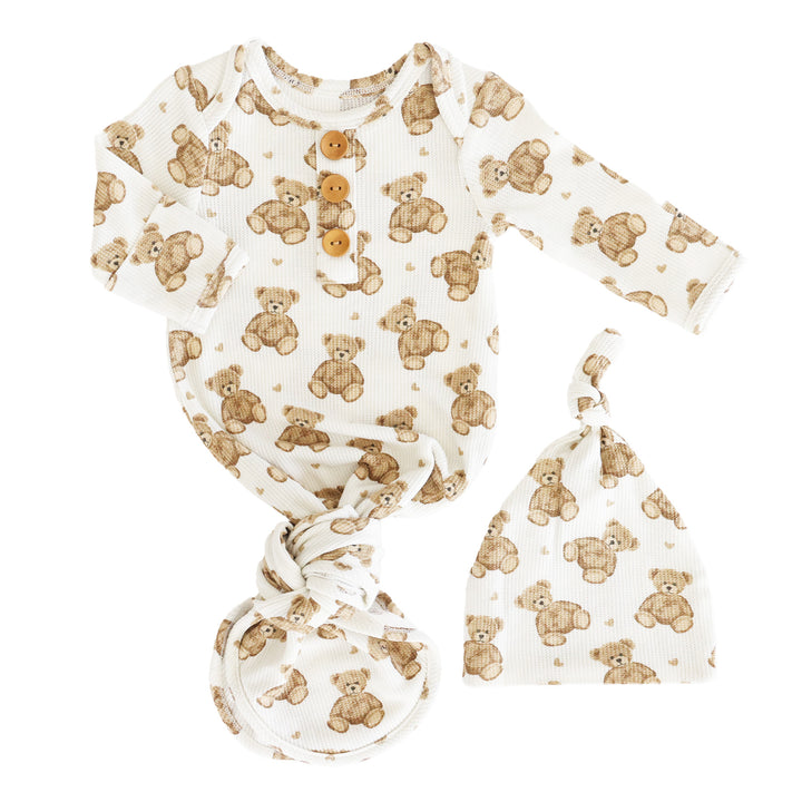 neutral teddy bear waffle knot gown for babies 
