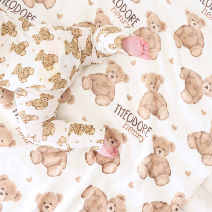 teddy bear and heart personalized blanket for kids 
