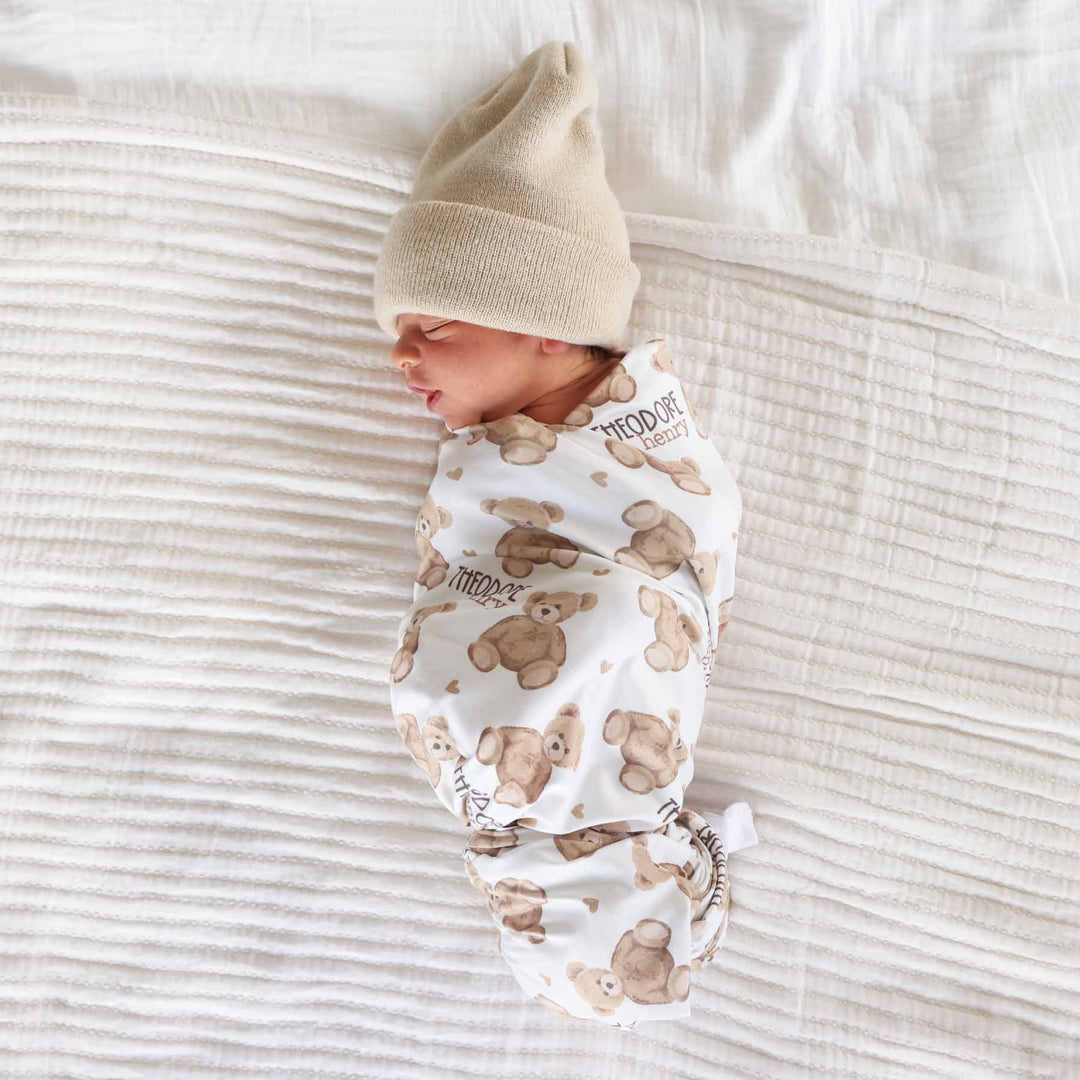 teddy bear and heart personalized swaddle blanket for newborns