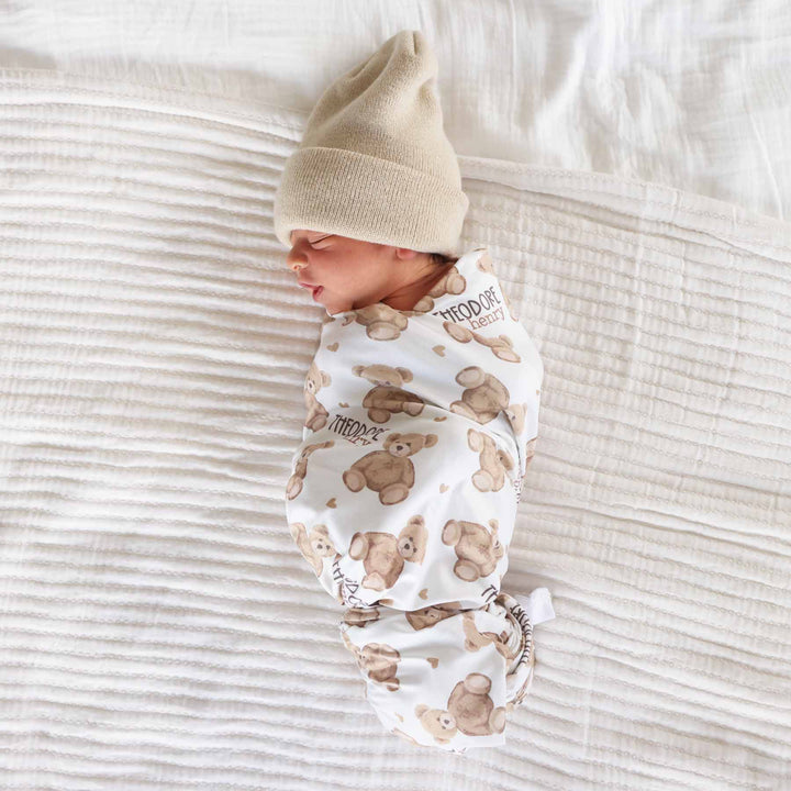 teddy bear and heart personalized swaddle blanket for newborns