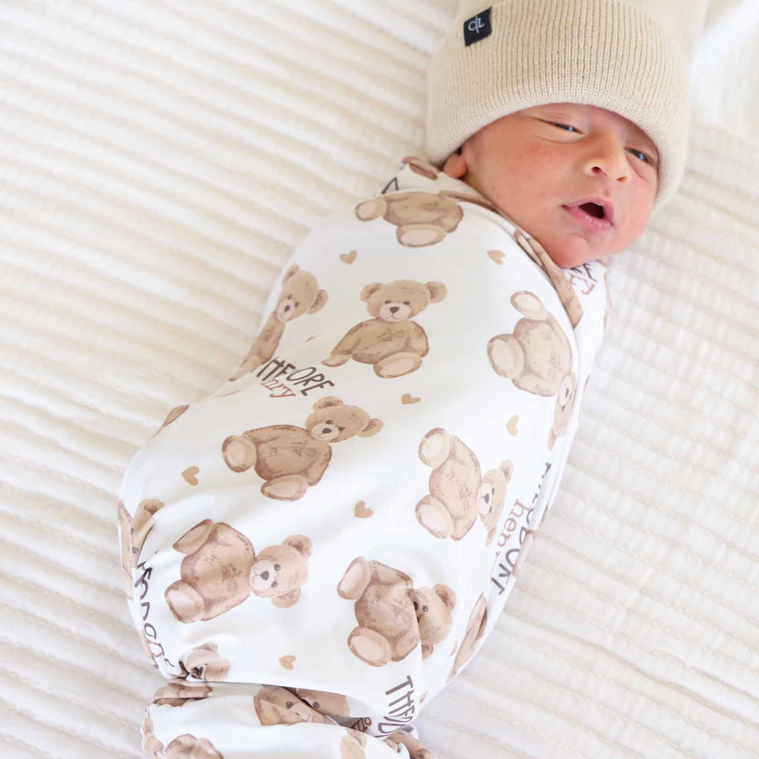 neutral teddy bear and heart personalized swaddle blanket for newborns gender neutral