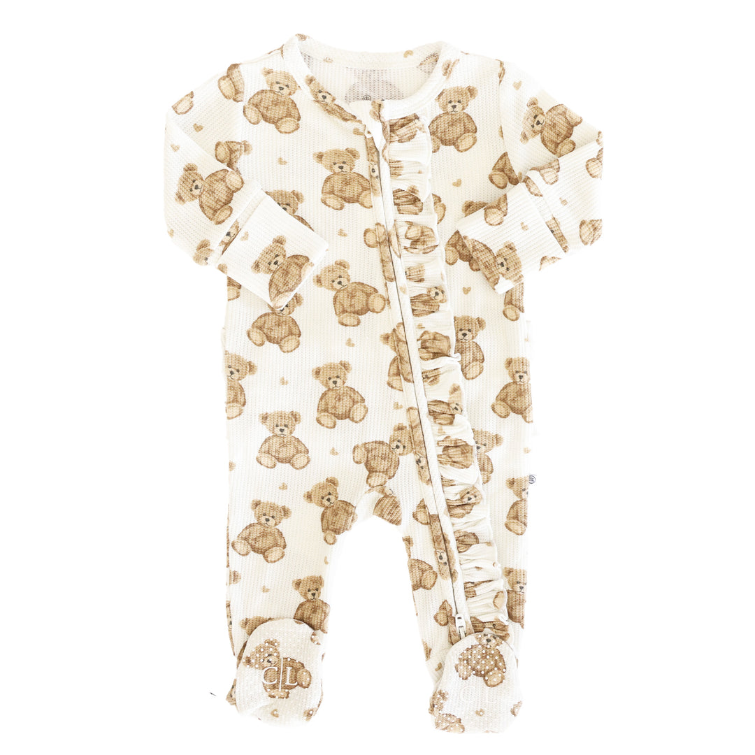 bamboo waffle ruffle footie for girls with teddy bears 