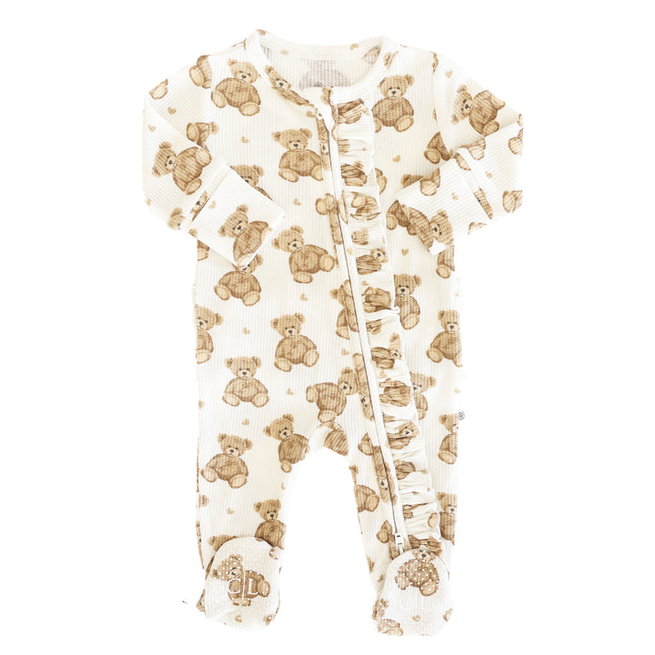 bamboo waffle ruffle footie for girls with teddy bears 