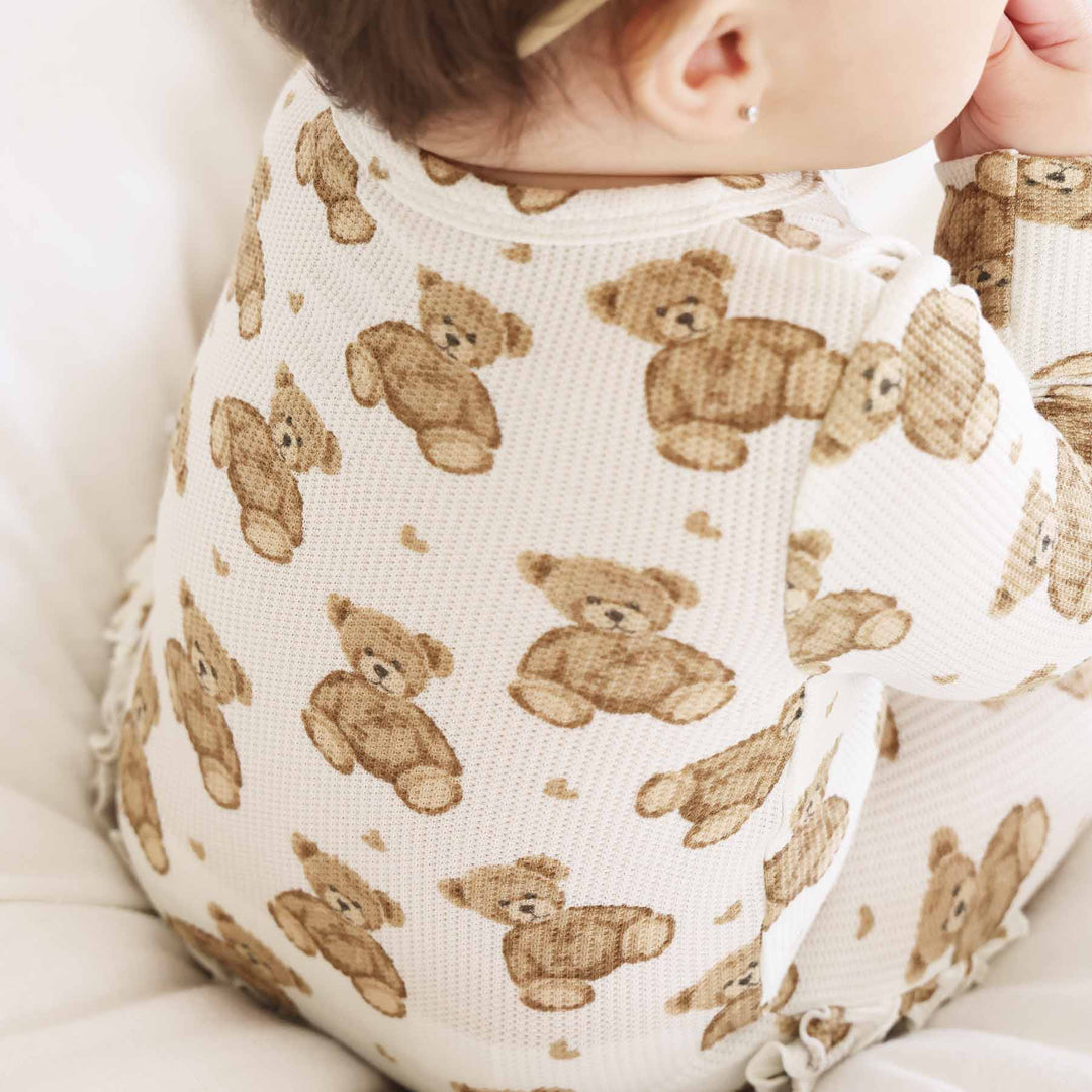 gender neutral teddy bear waffle bamboo zipper ruffle footie 