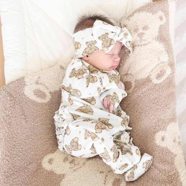 baby zipper ruffle footie for girls with neutral teddy bears bamboo waffle