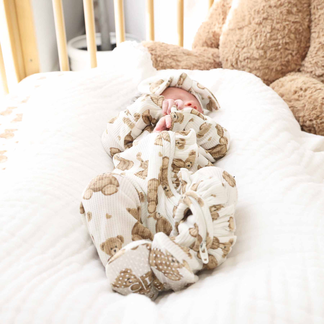 neutral teddy bear bamboo waffle ruffle footie for girls 