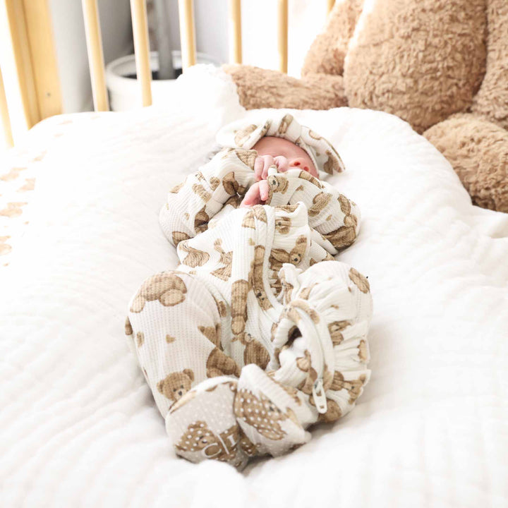 neutral teddy bear bamboo waffle ruffle footie for girls 