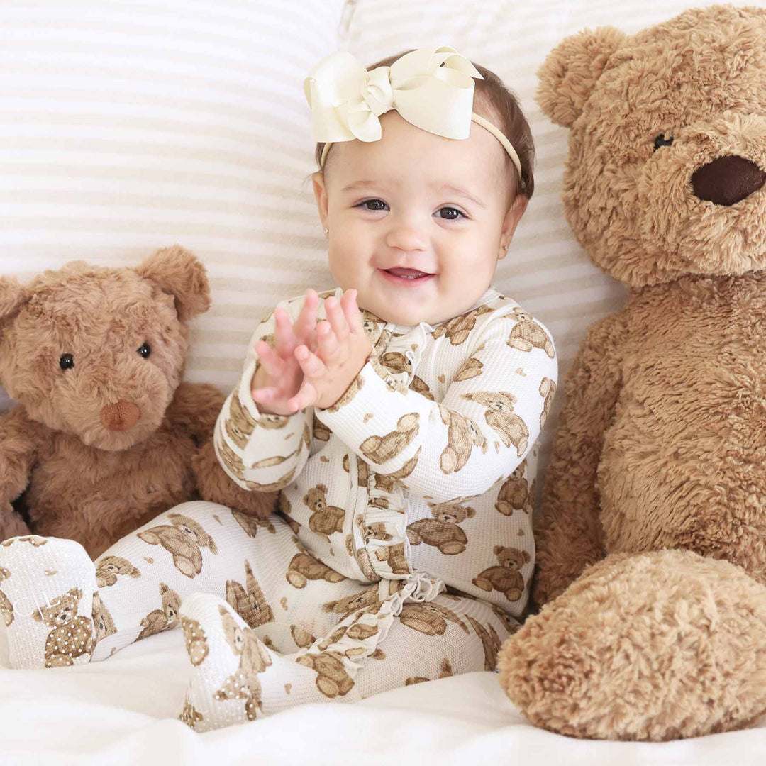 ruffle bamboo waffle footie with teddy bears and off white bow for baby girls 