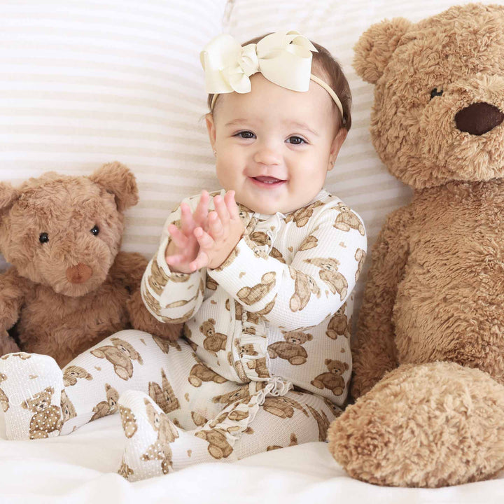 ruffle bamboo waffle footie with teddy bears and off white bow for baby girls 