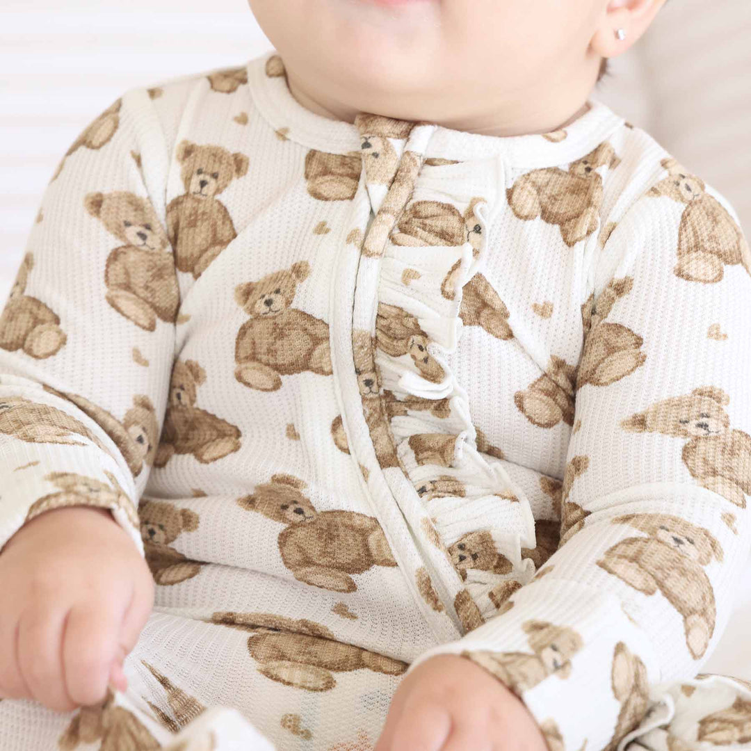 beary sweet ruffle zipper footie for baby girls bamboo waffle 