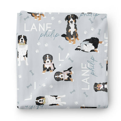 personalized baby name swaddle blanket blue with bernese mountain dogs 