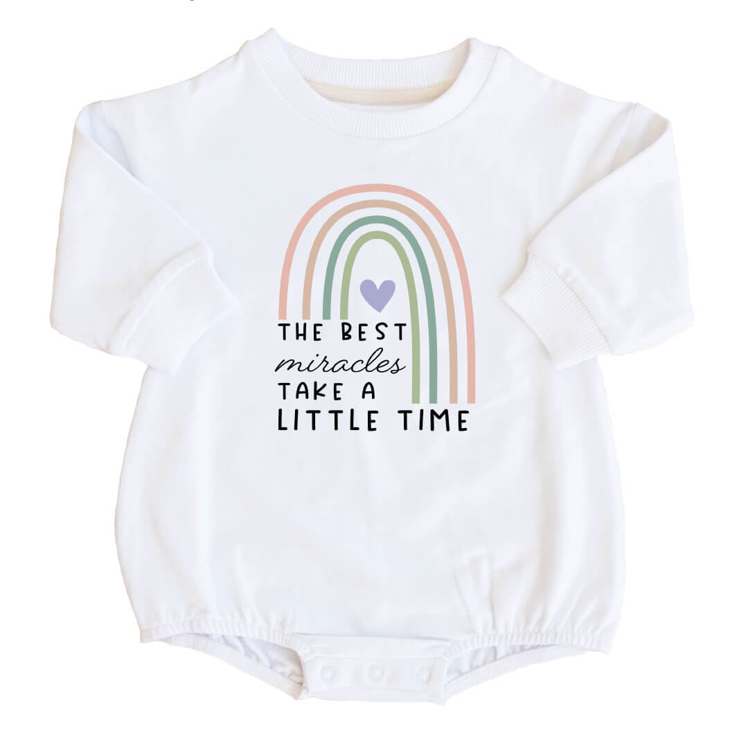 the best miracles take a little time rainbow sweatshirt bubble romper