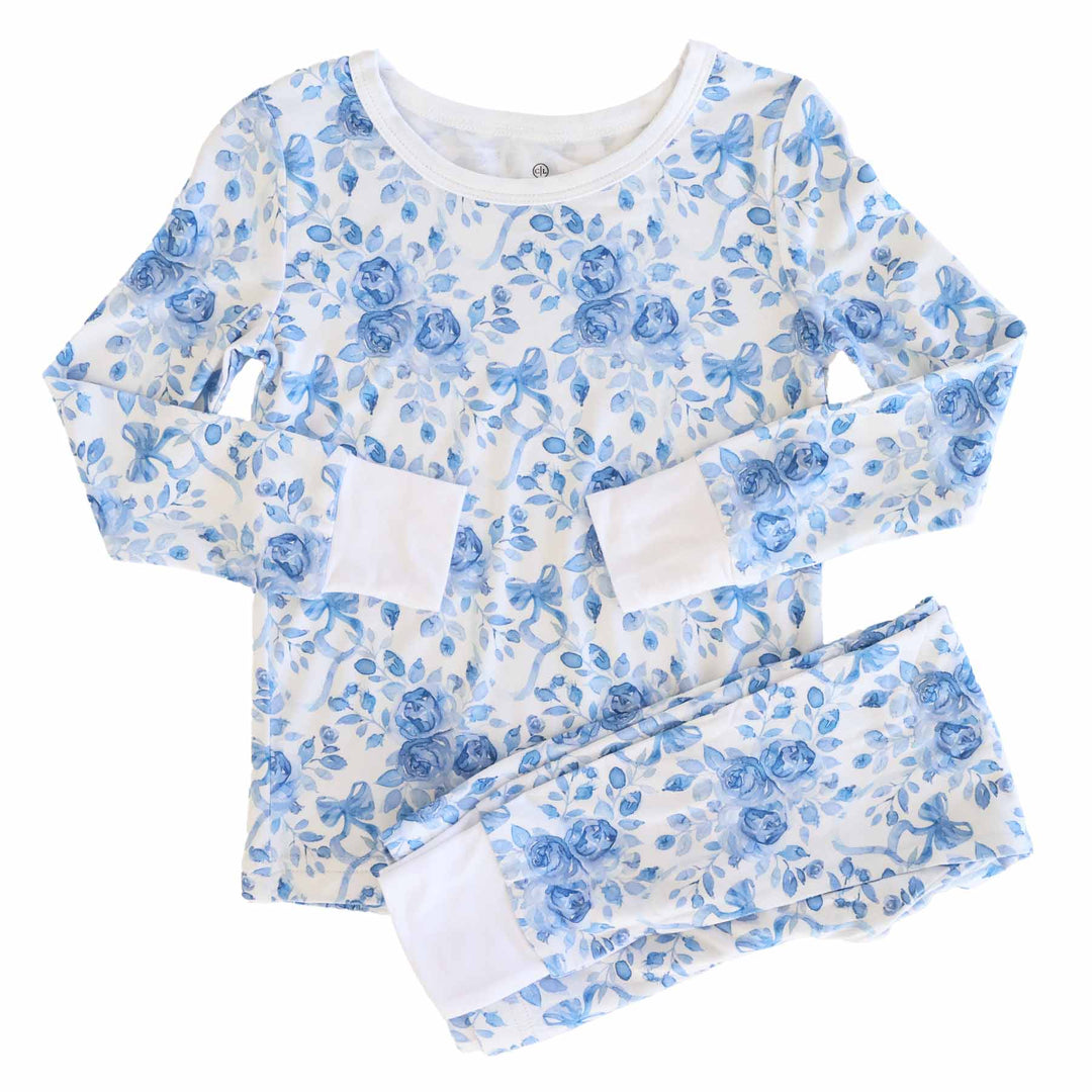 blue and white floral and bow bamboo viscose two piece pajama set for girls 