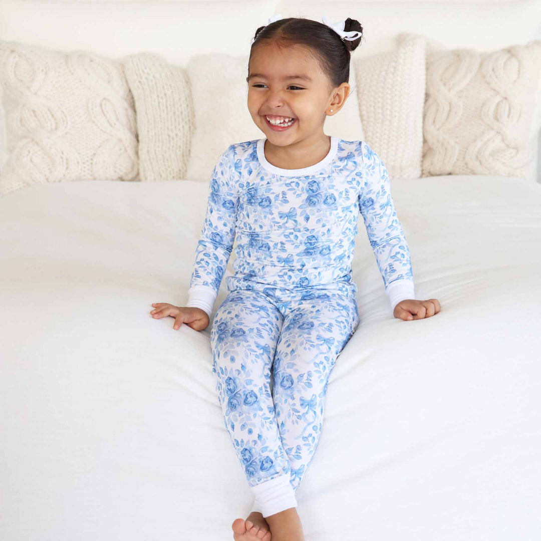 blue rose and ribbon bow bamboo viscose two piece pajama set for kids 