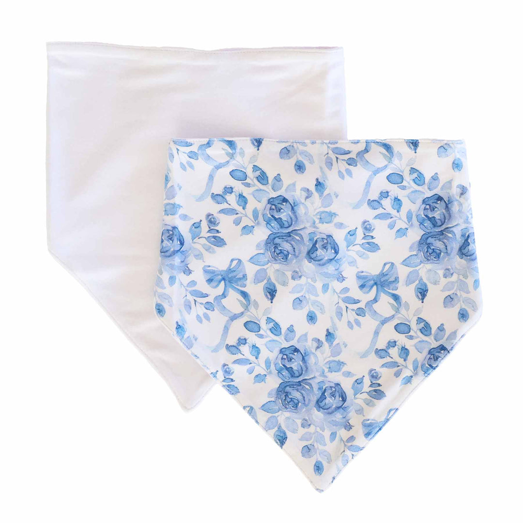 blue and white floral and bow bandana bib set with a solid white bib