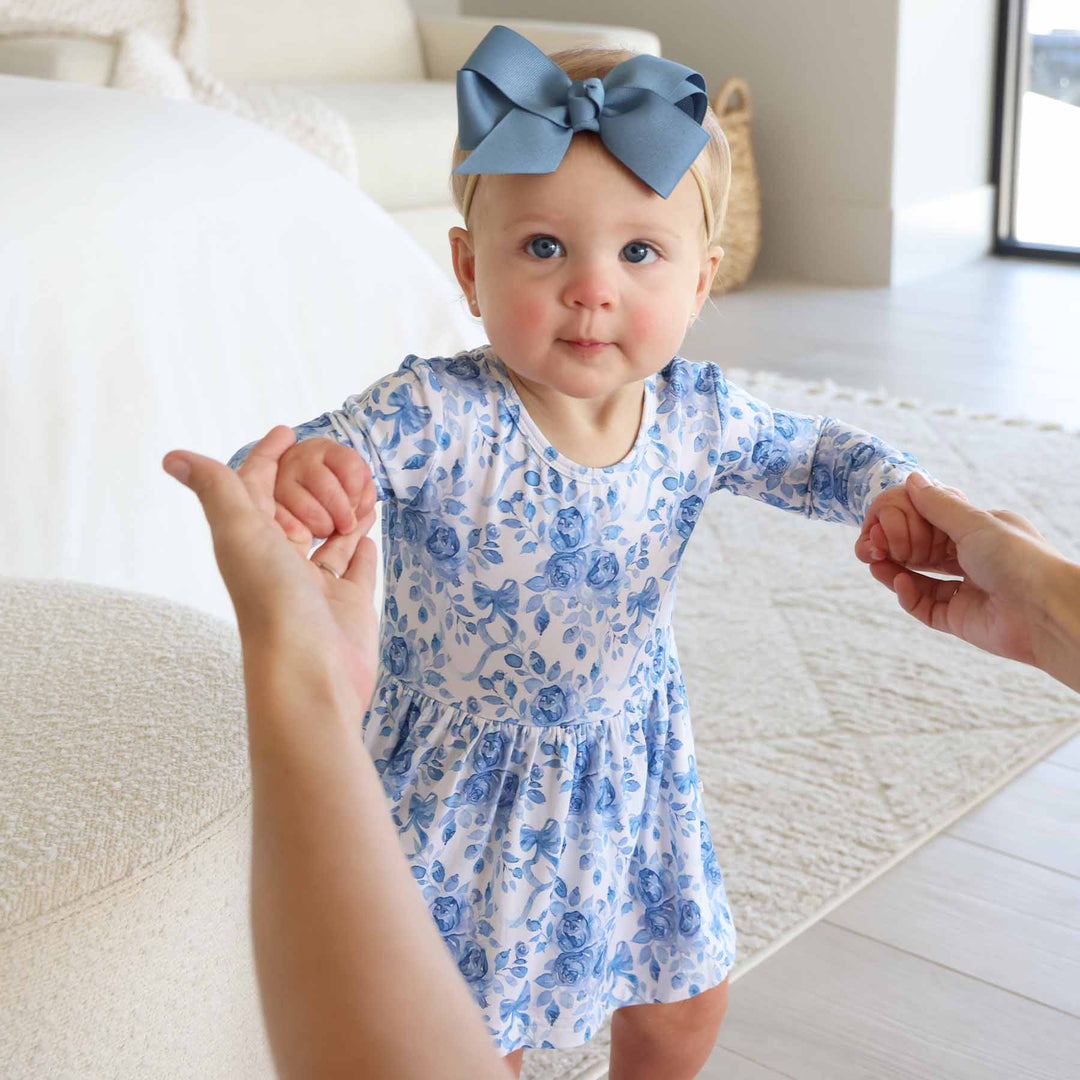 bamboo viscose skirt bodysuit for baby and toddler girls in betsy's blooms print 