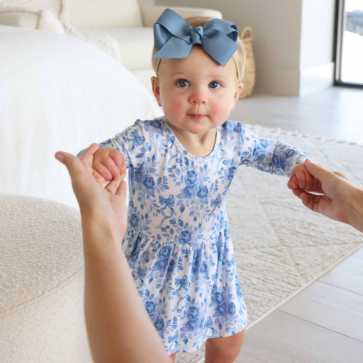 bamboo viscose skirt bodysuit for baby and toddler girls in betsy's blooms print 