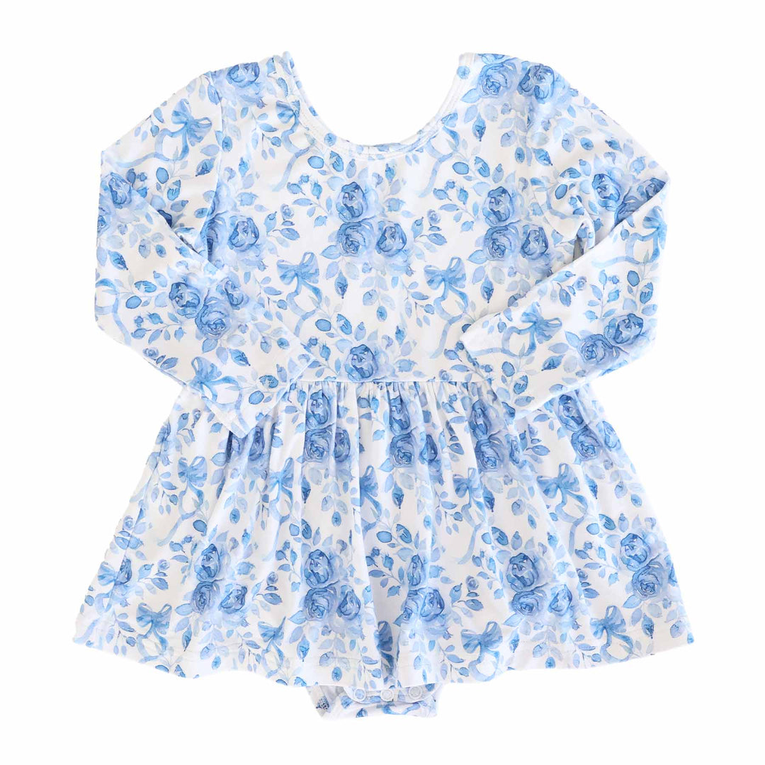 blue and white floral and bow casual skirt bodysuit for baby and toddler girls 
