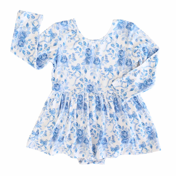 blue and white floral and bow long sleeve bodysuit for girls 