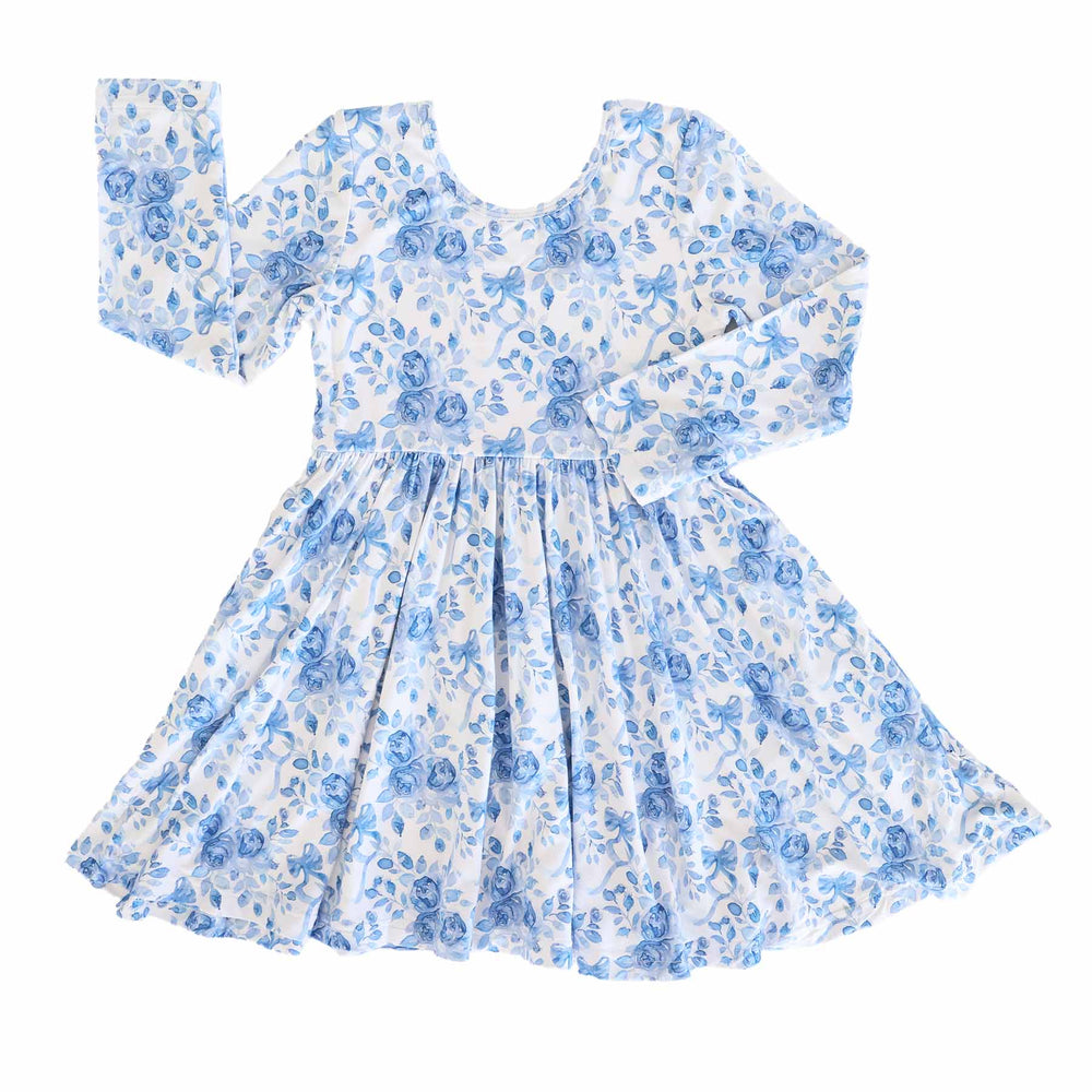 blue and white floral long sleeve dress for girls 