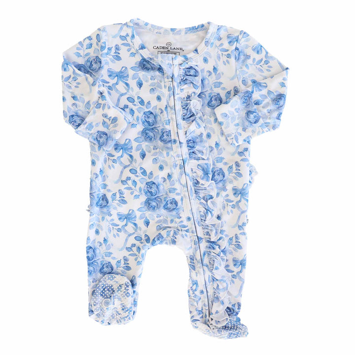 blue and white floral and bow ruffle zipper footie for girls 