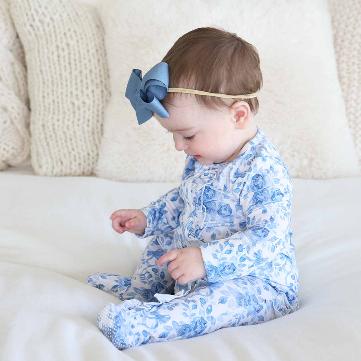 caden lane bamboo viscose ruffle zipper footie blue floral