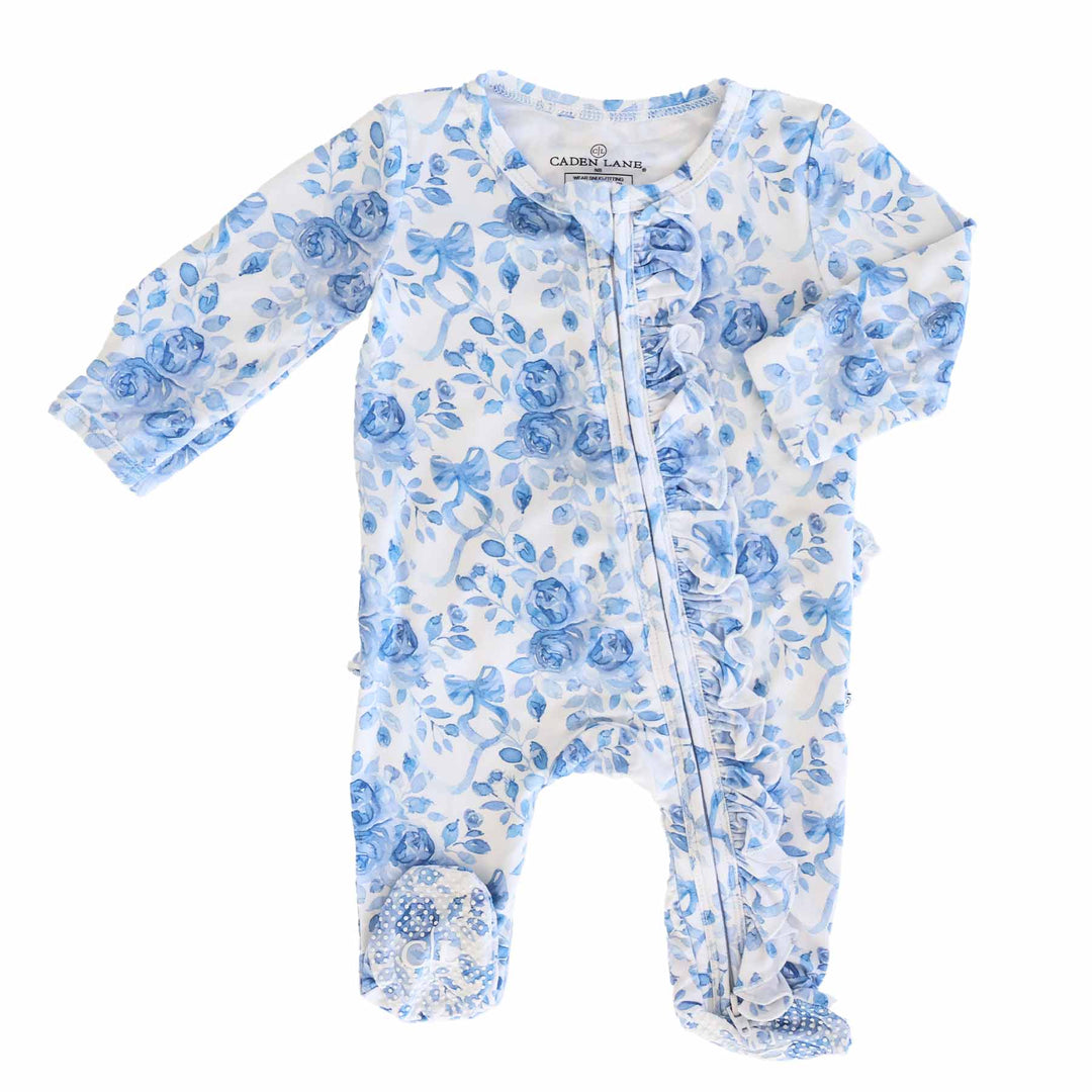 betsy's blooms bamboo waffle ruffle zipper footie long sleeve pj