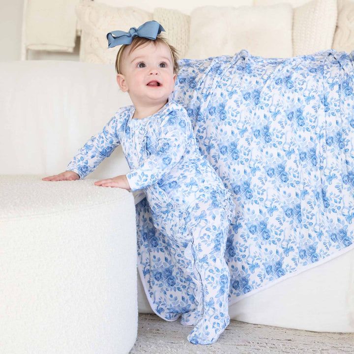 blue floral long ruffle zipper footie for newborn and baby girls 