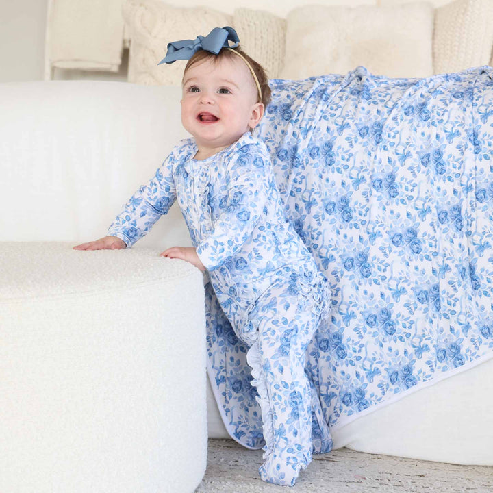 ruffle footie blue and white floral and bow