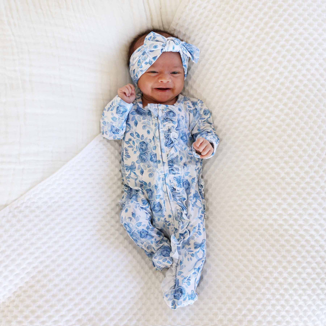 betsy's blooms bamboo viscose ruffle zipper footie for girls 