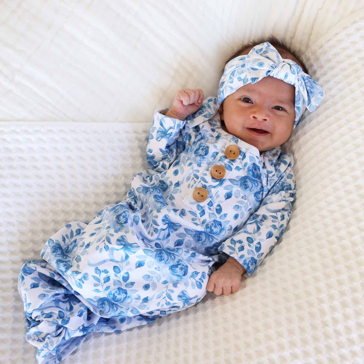 blue and white floral and bow newborn baby knot gown