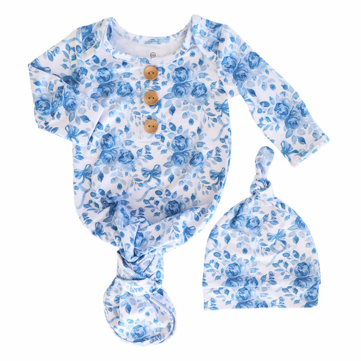 blue and white floral and bow newborn knot gown for girls 