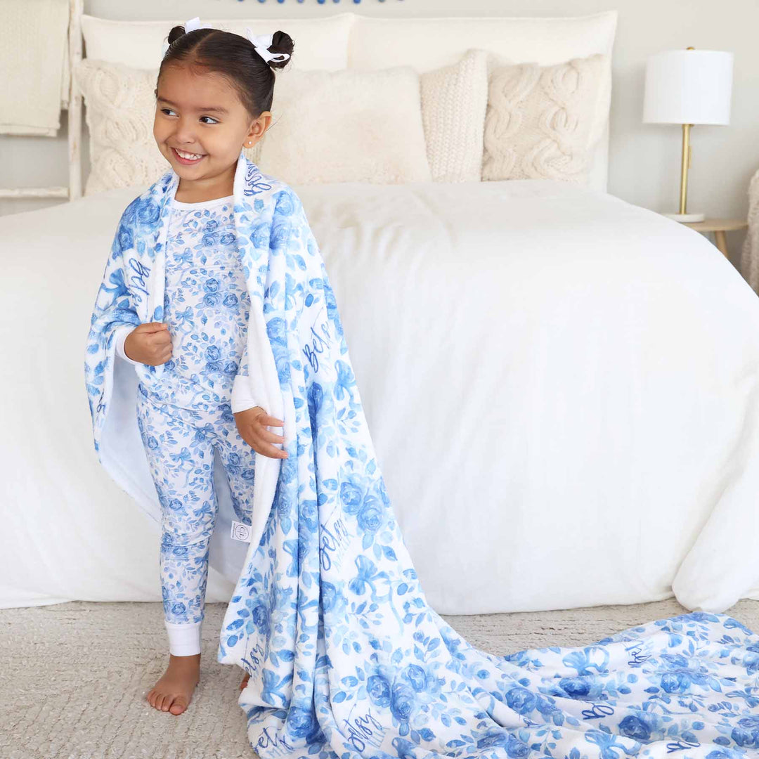 betsy's blooms blue and white floral blanket for girls personalized with name 