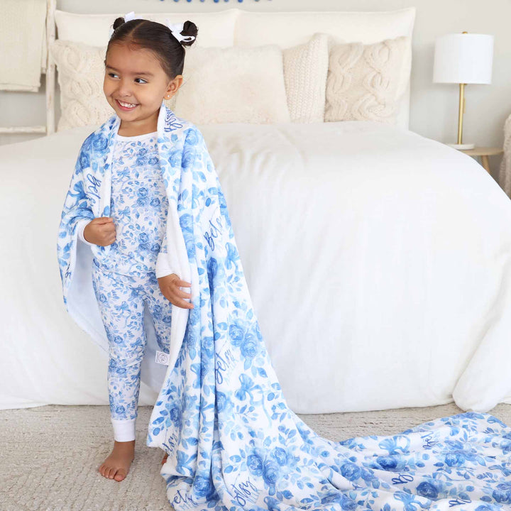 betsy's blooms blue and white floral blanket for girls personalized with name 