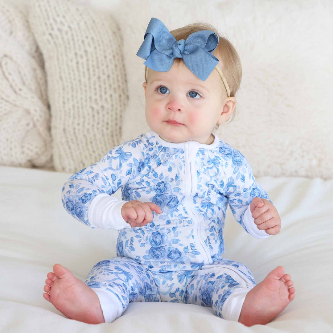 betsy's blooms convertible zip romper pajama with vintage blue ribbon bow headband 