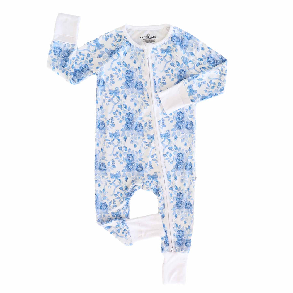 blue and white floral and bow convertible zip romper pajama with flip mitts and footies 
