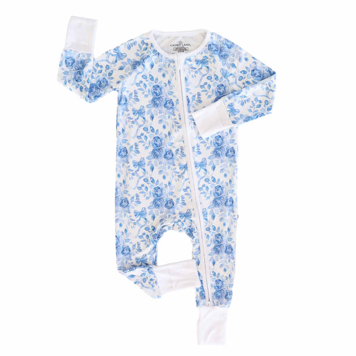 blue and white floral and bow convertible zip romper pajama with flip mitts and footies 