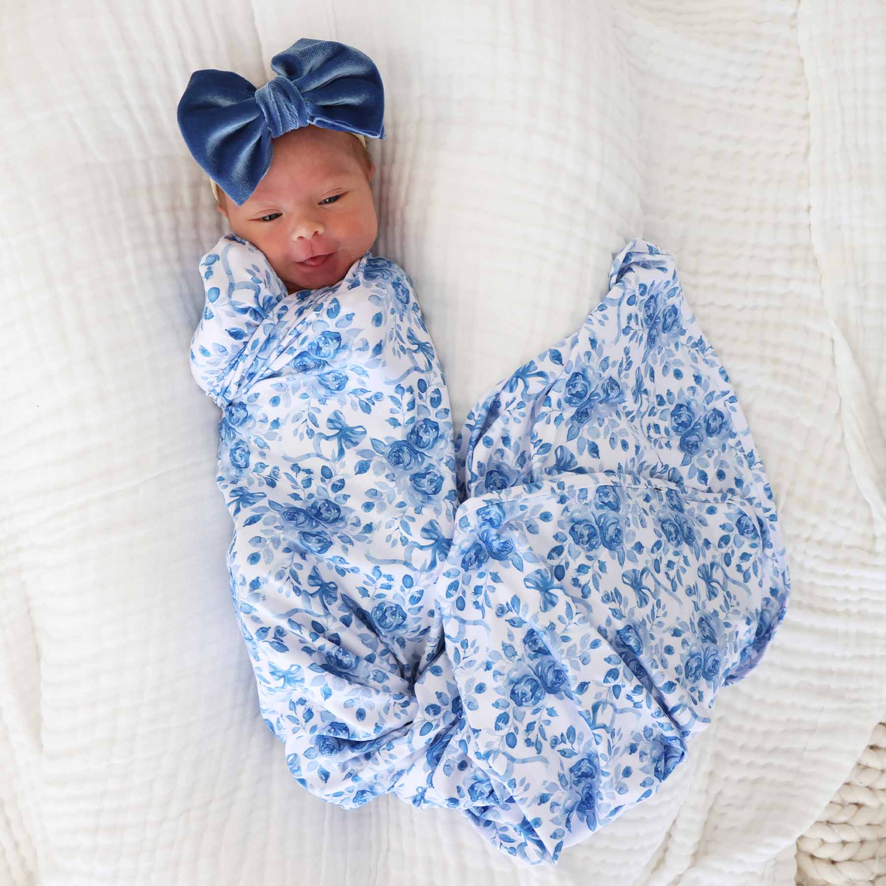 blue floral and bow oversized swaddle blanket 