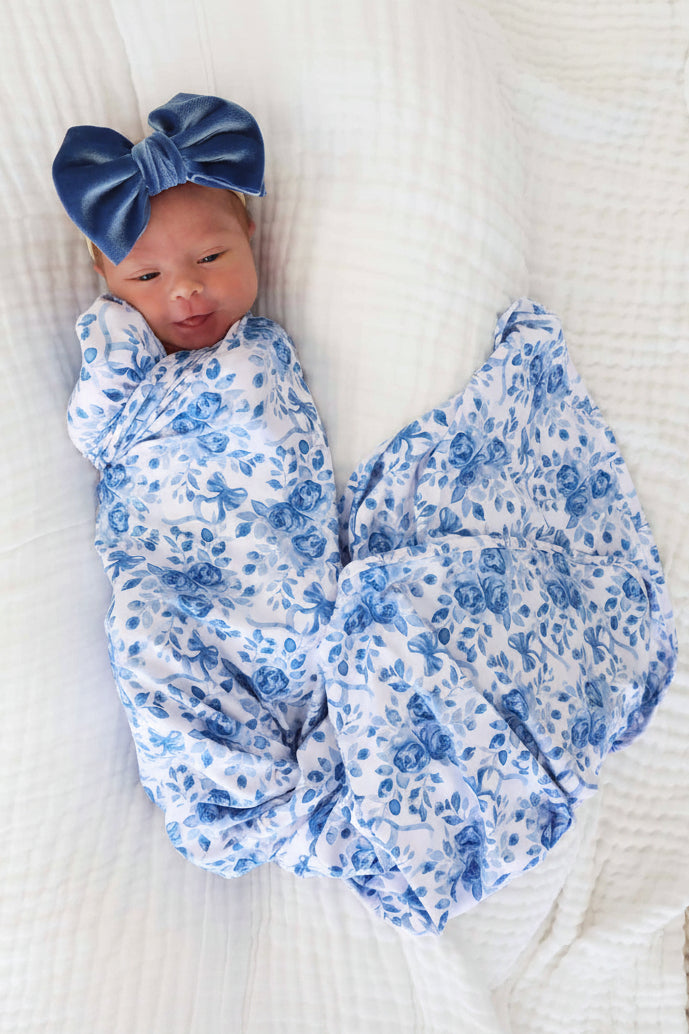 blue floral and bow oversized swaddle blanket 