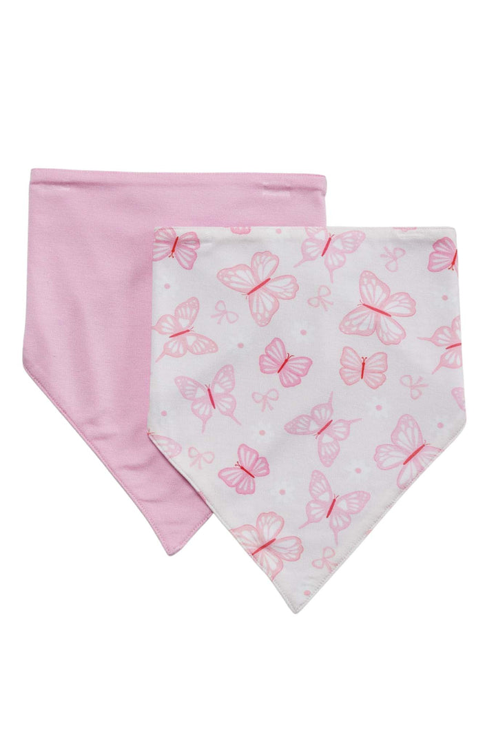 Two baby bibs with pink butterfly pattern on a white background