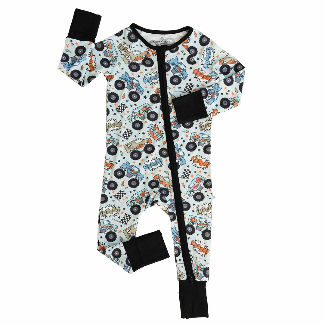 bamboo pajama romper for boys with monster trucks 