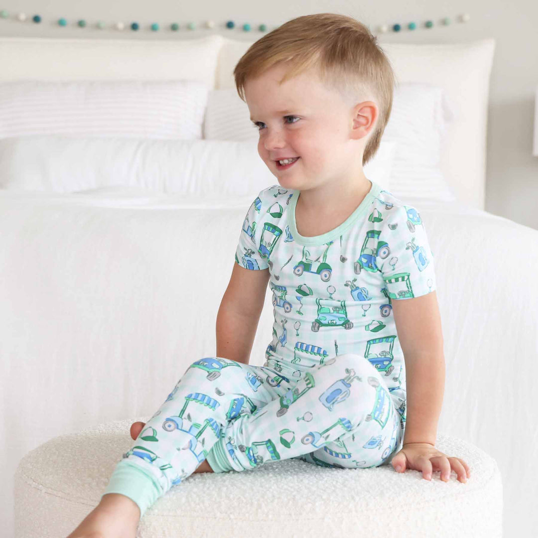 blue and green golf themed pajamas for boys 