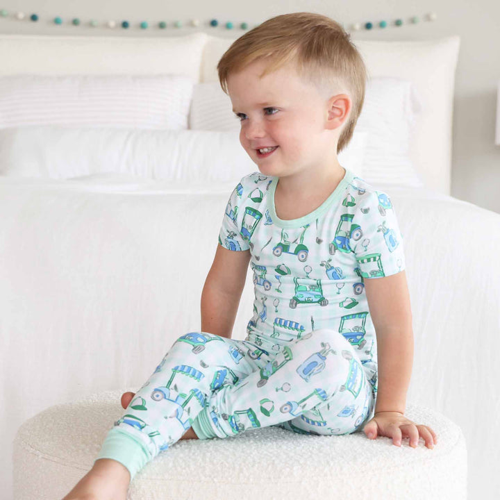blue and green golf themed pajamas for boys 