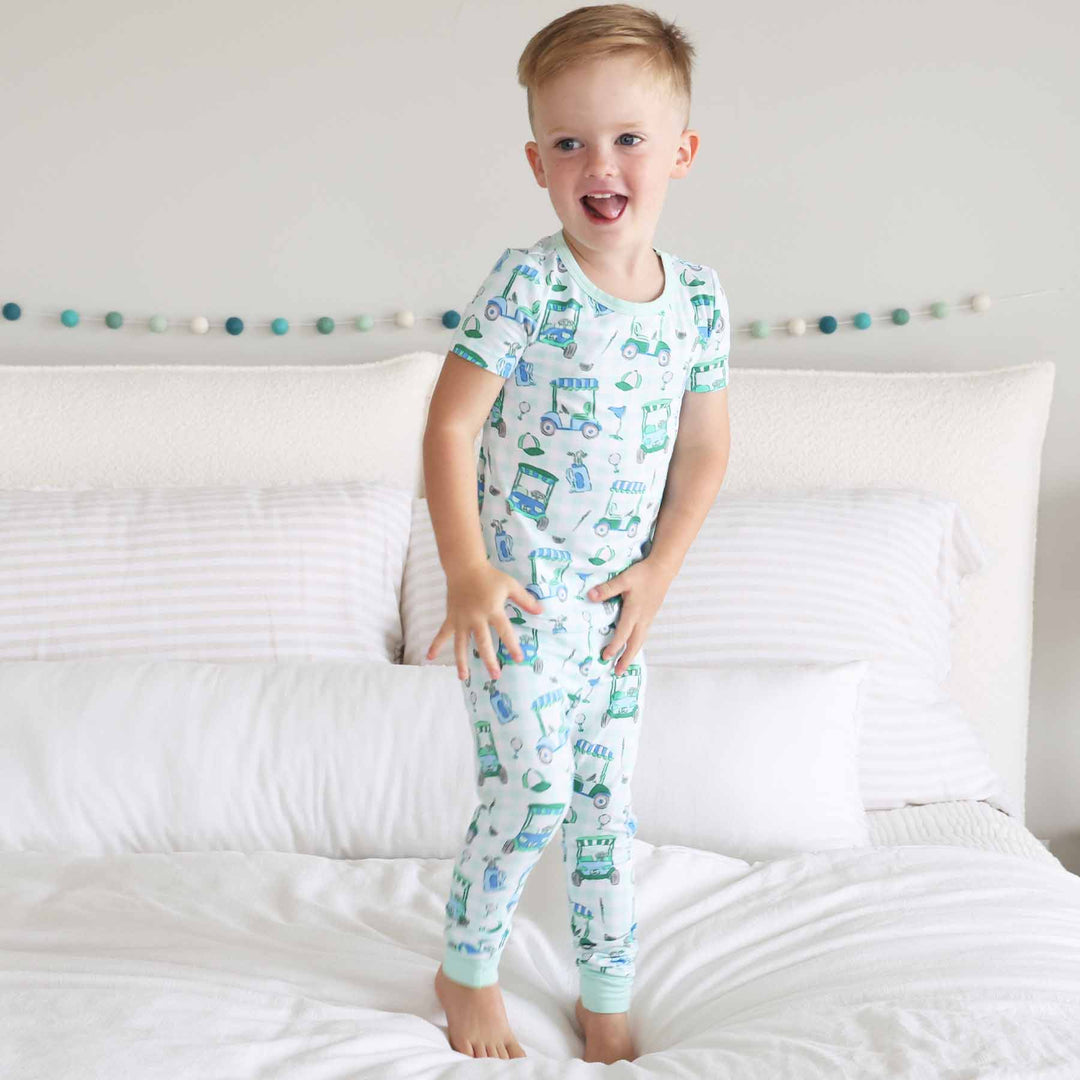 blue and green golf themed two piece pajama set for boys 
