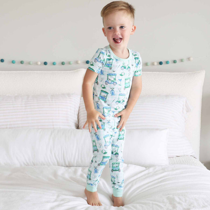 blue and green golf themed two piece pajama set for boys 