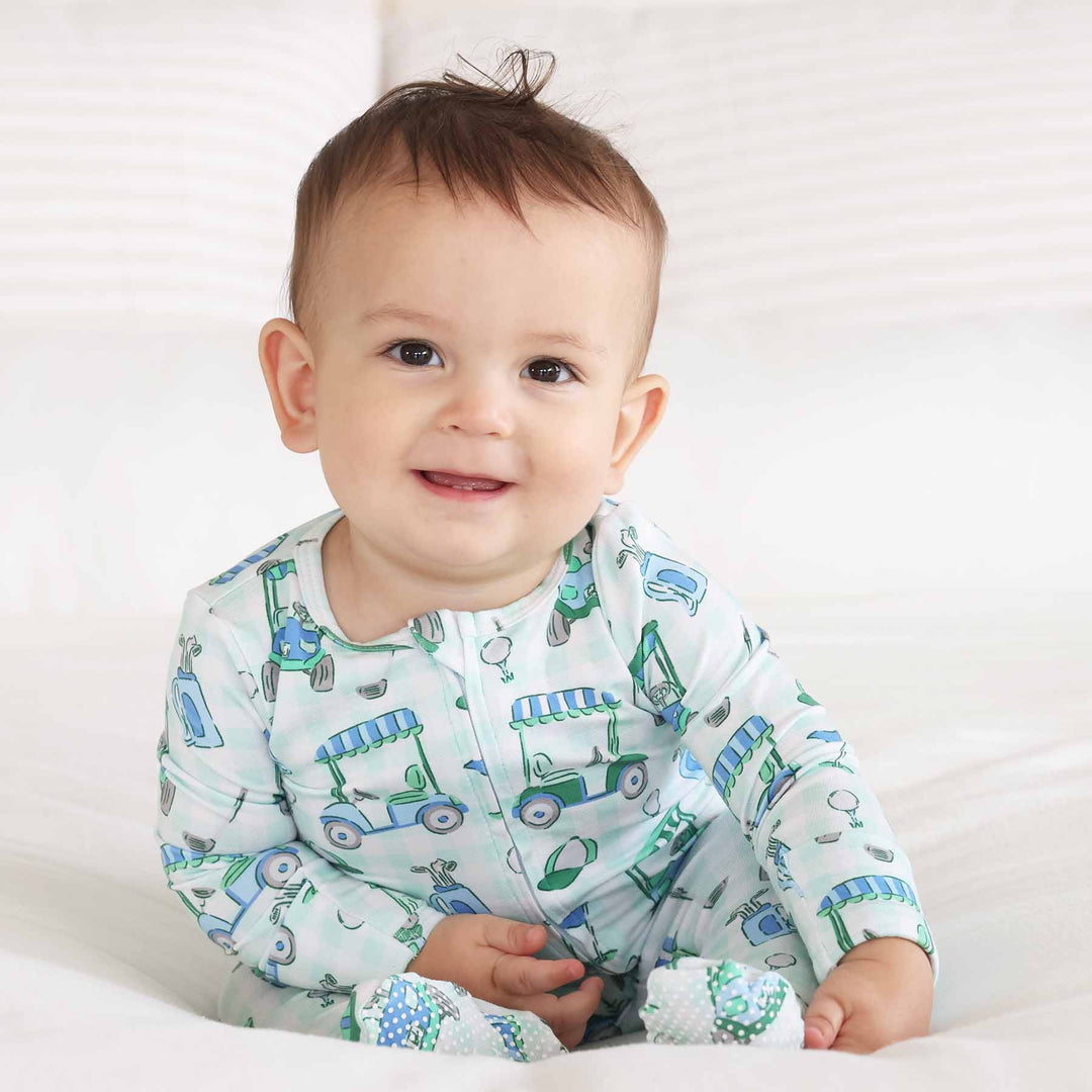 birfie babes blue zipper footie with grips on the feet